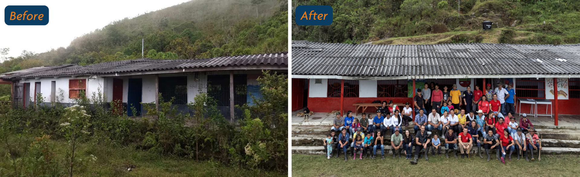 Mesones school before the overgrowth was cleared, and after with a group of students