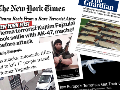 Snippets of newspaper headlines covering attacks and small arms trafficking