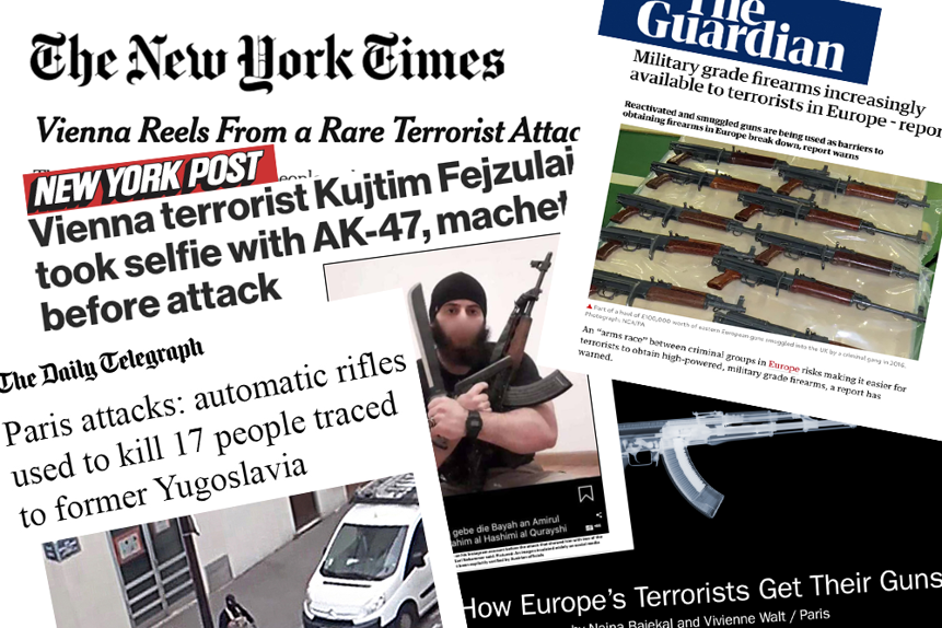 Snippets of newspaper headlines covering attacks and small arms trafficking