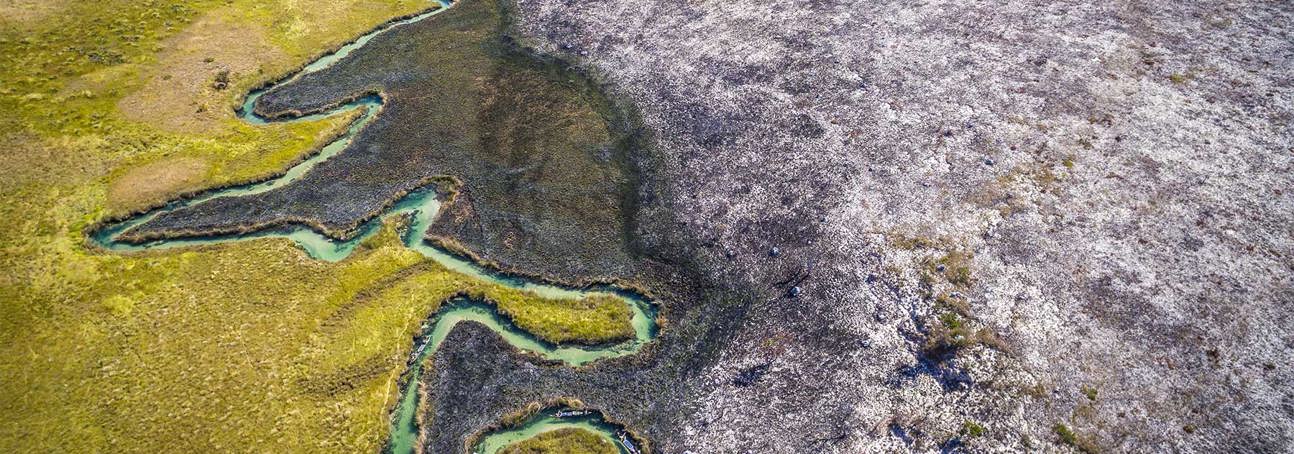 An aerial photograph showing the Okavango landscape