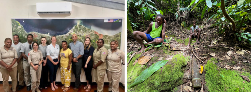 Left: HALO staff pose with with mine survivor Maeverlyn Pitanoe. Right: Maeverlyn sits in a forest