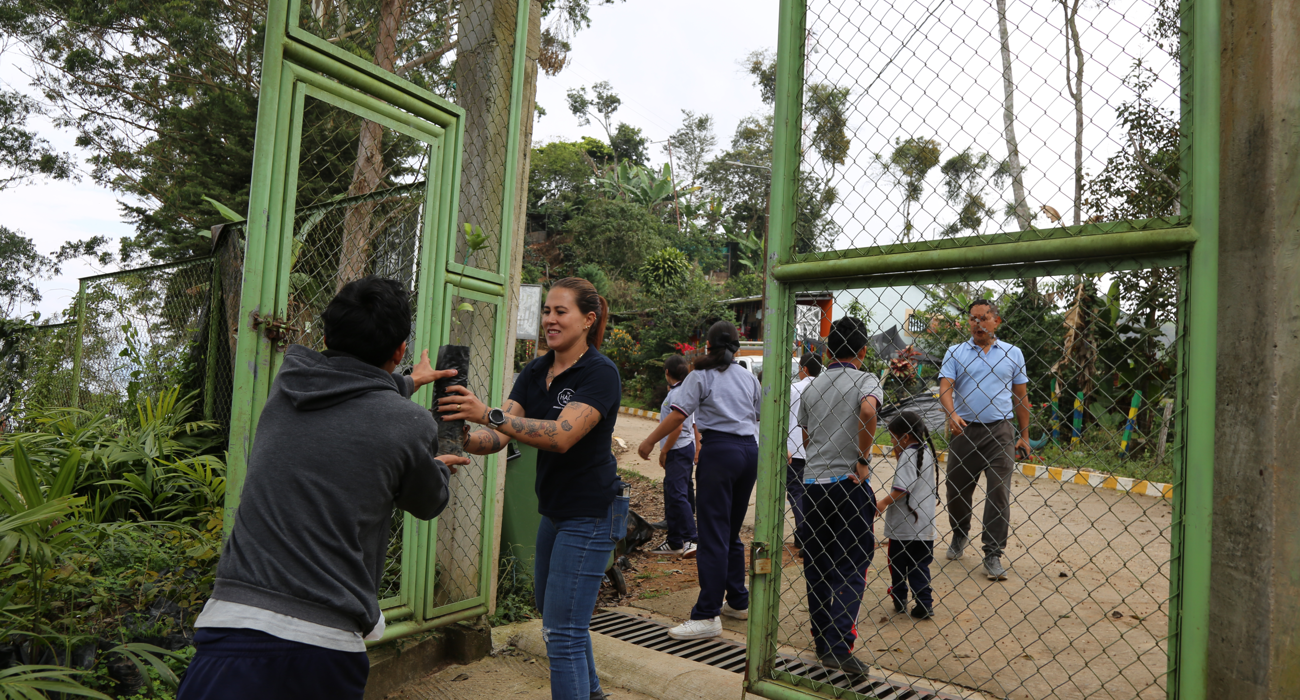 People hand potted tree seedlings down a line, with the line going through a tall green wire gate.
