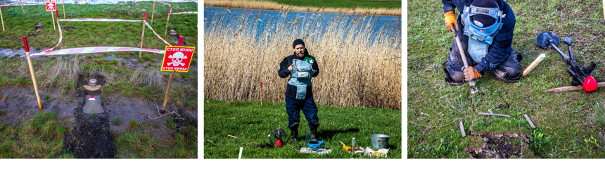 A collage of demining activities in the field