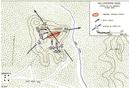 World War Two map showing an attack on the Japanese by the Marines 