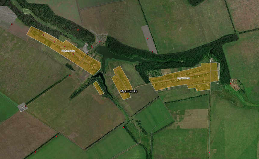 Aerial view of Mykolaivka with a mine map overlaid