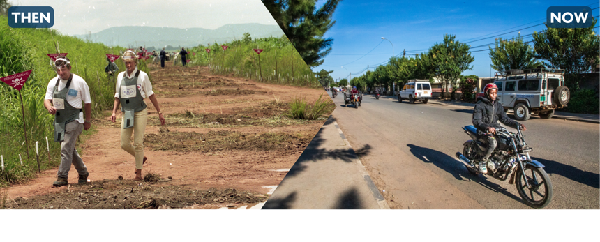 Princess Diana walking through a minefield in Huambo which is now a busy road