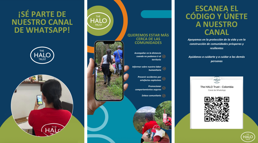 A flyer promoting HALO Colombia's new WhatsApp Channel to share lifesaving risk education