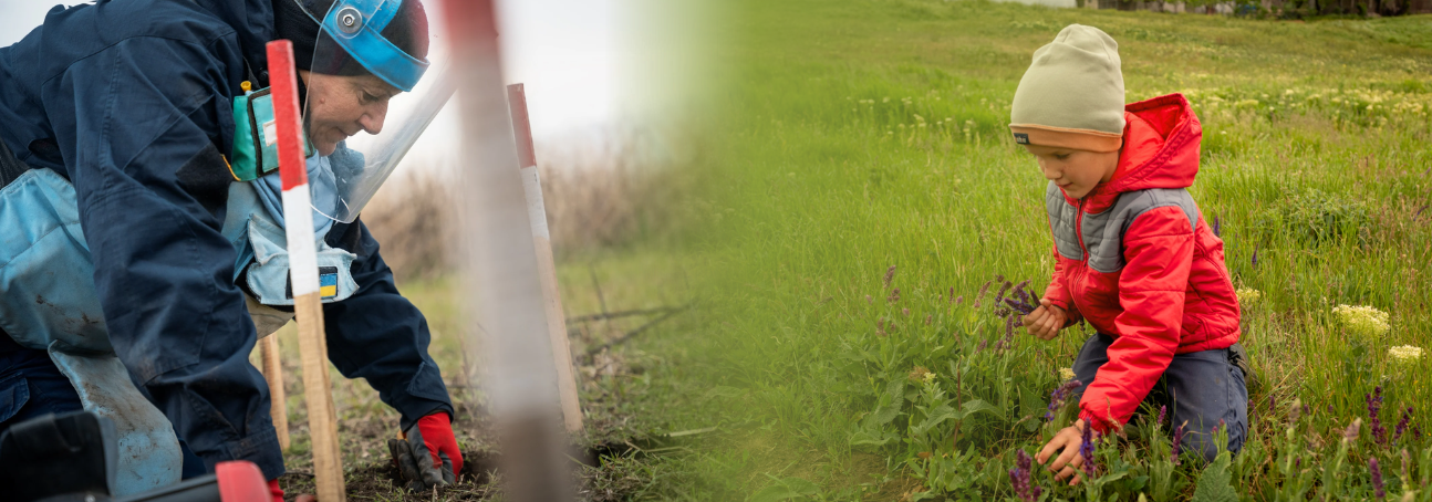 A deminer and a little boy picking flowers side by side.