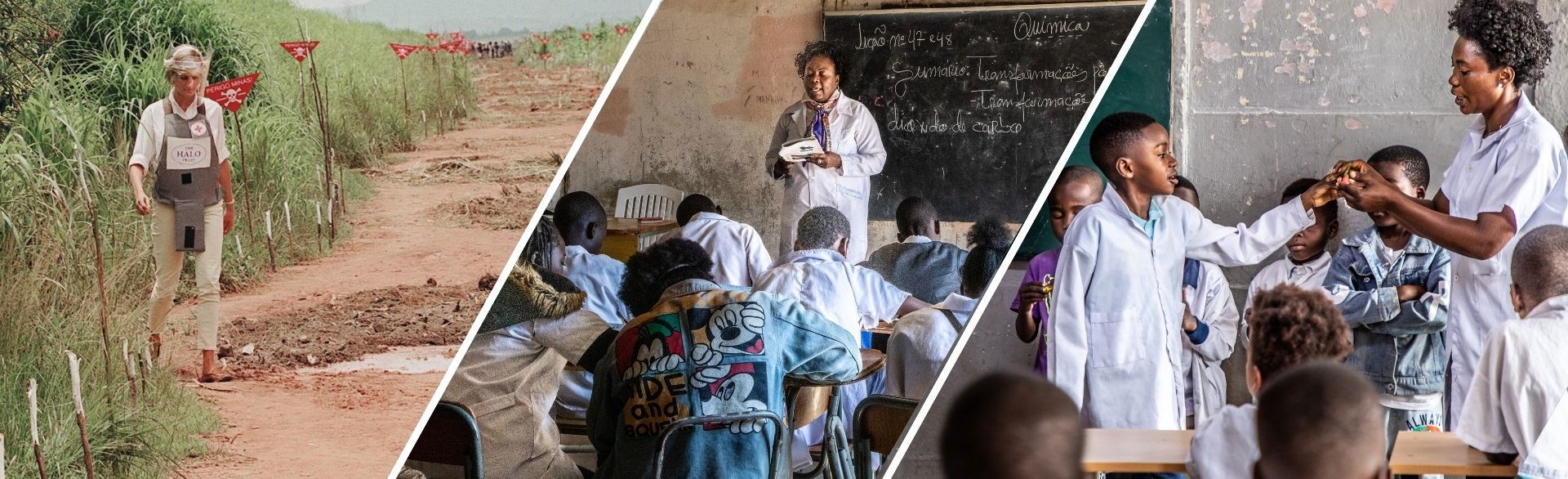 Princess Diana in a minefield and children in a classroom