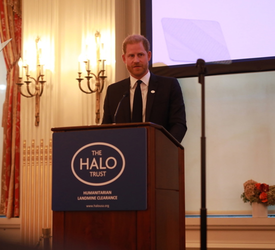 Prince Harry, Duke of Sussex, speak at a HALO podium 
