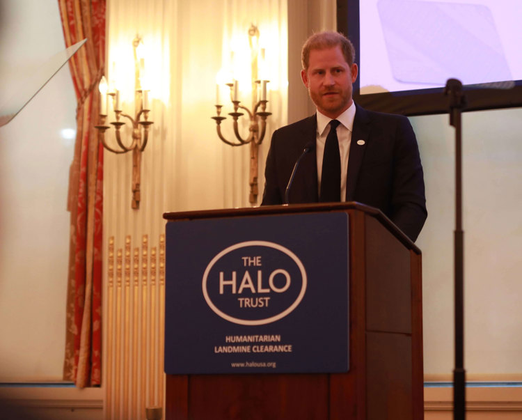 Prince Harry speaks behind a podium at The HALO Trusts humanitarian landmine clearance event