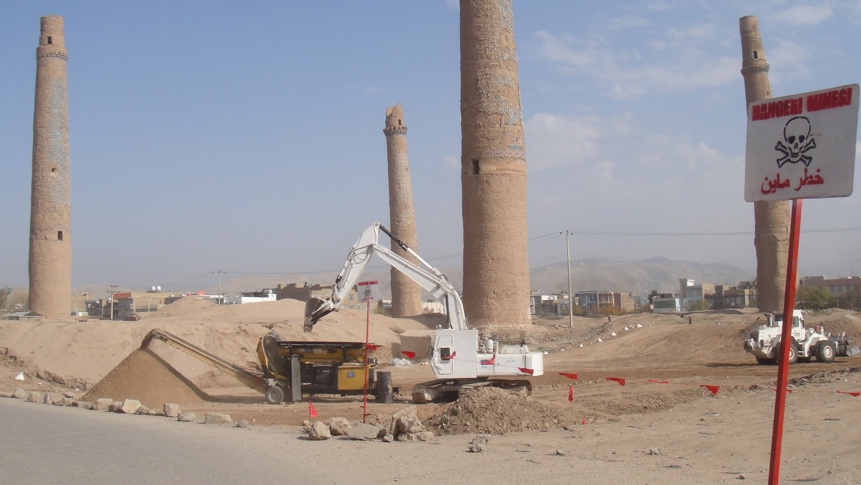 Construction vehicles working around Musallah Minarets complex in Herat