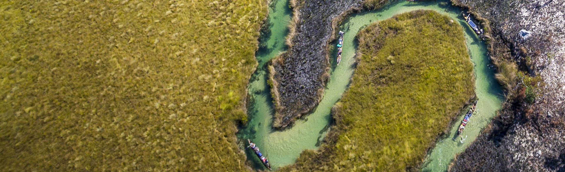 An aerial photograph showing a river weaving through the Okavango landscape