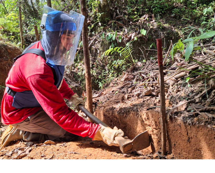 A deminer uses an angled spade to dig in mine marked soil
