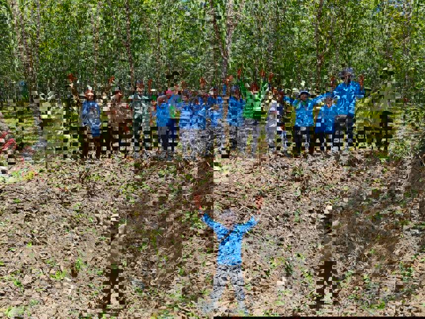 HALO staff raise their hands in celebration around a soil pit in the forest