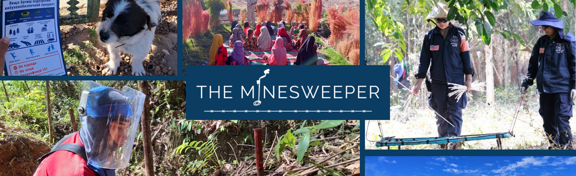 Collage banner for The Minesweeper newsletter featuring HALO’s global demining work