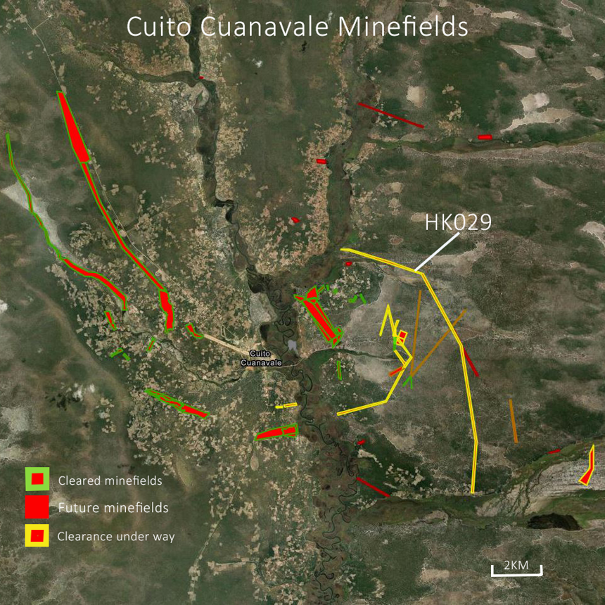Satellite image of Cuito Cuanavale showing cleared and future minefields, as well as those underway